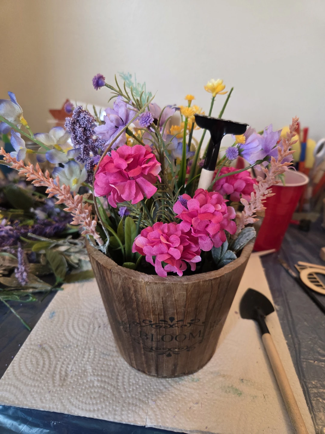 Decorative Potted Faux Flowers with Garden Tools