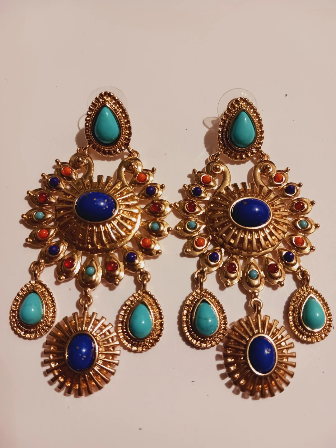 Gold Tone Chandelier Earrings with Turquoise and Blue Stones
