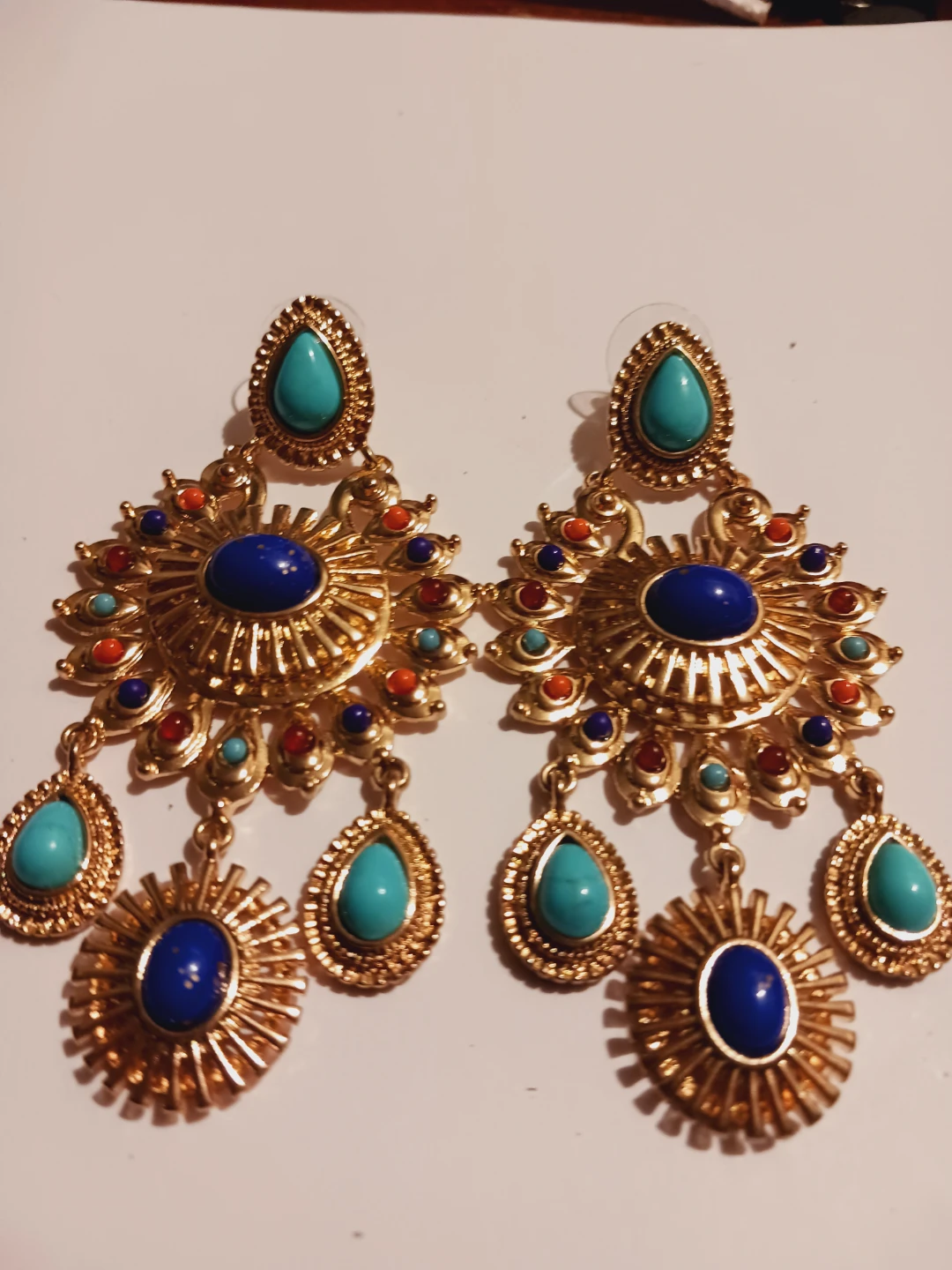 Gold Tone Chandelier Earrings with Turquoise and Blue Stones - photo 3