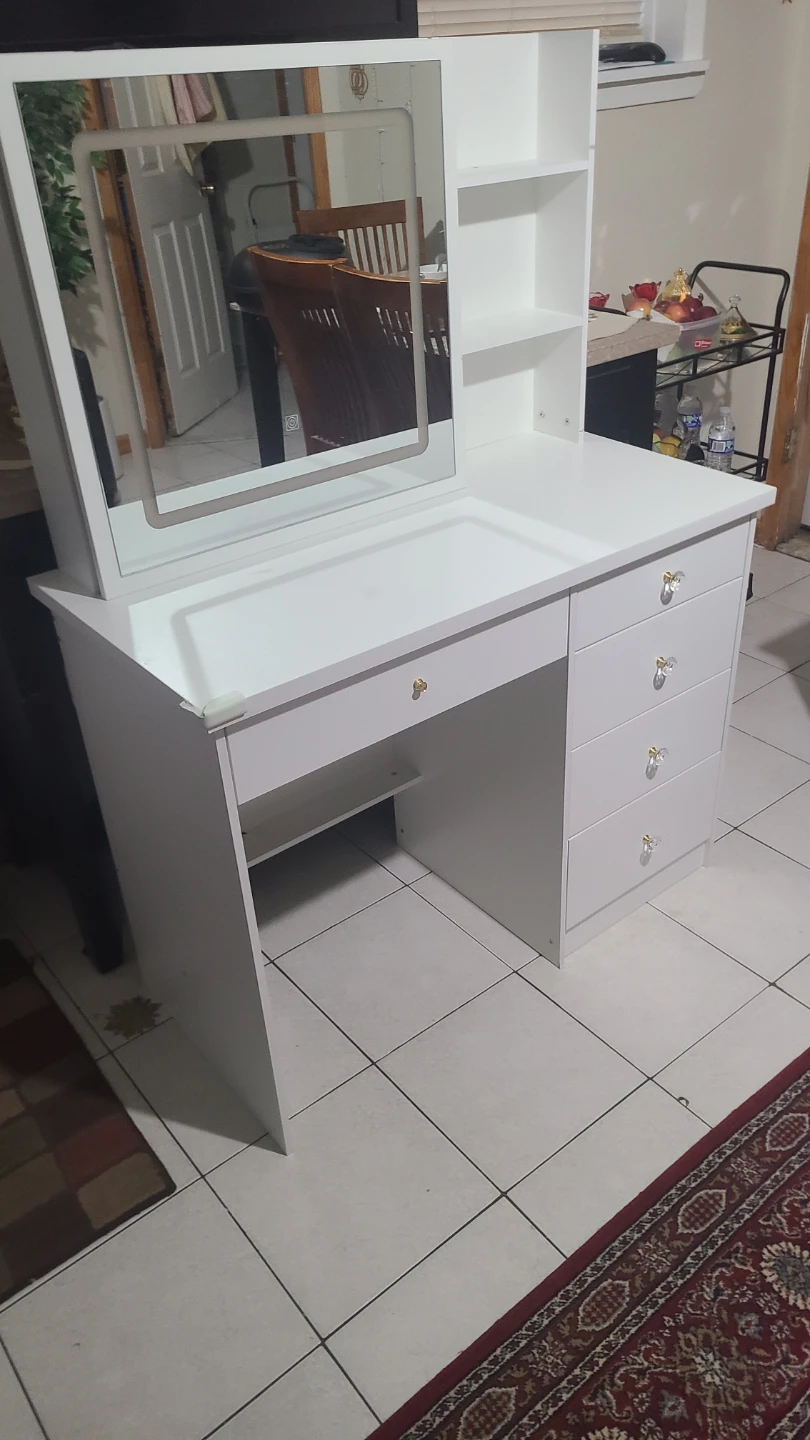 White Vanity Desk with Mirror and Shelves
