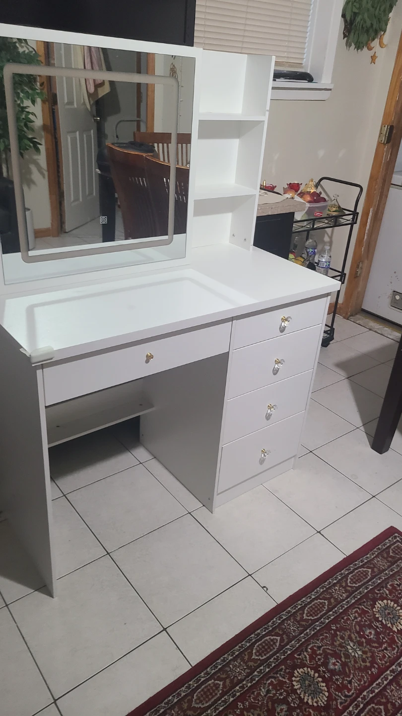 White Vanity Desk with Mirror and Shelves - photo 2