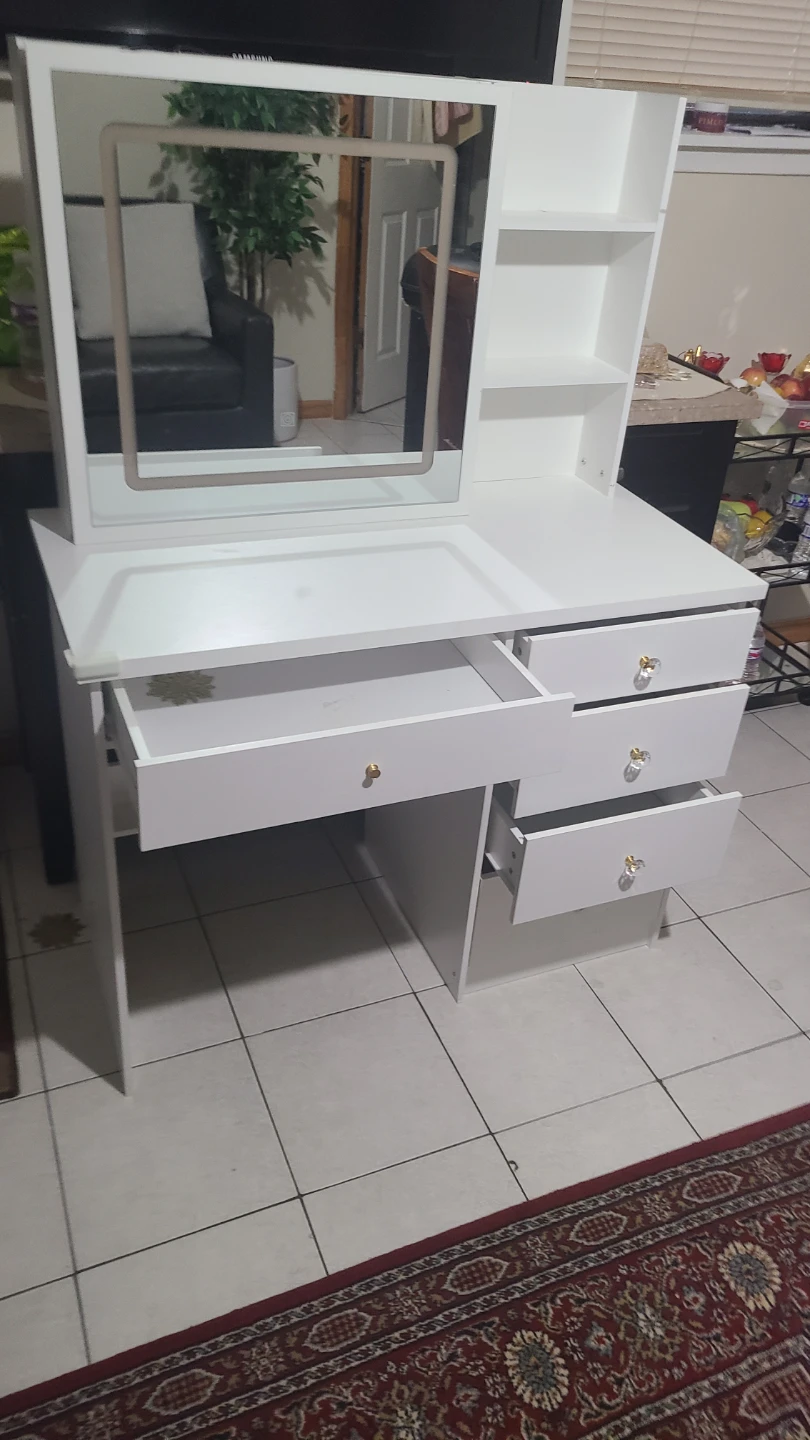 White Vanity Desk with Mirror and Shelves - photo 3