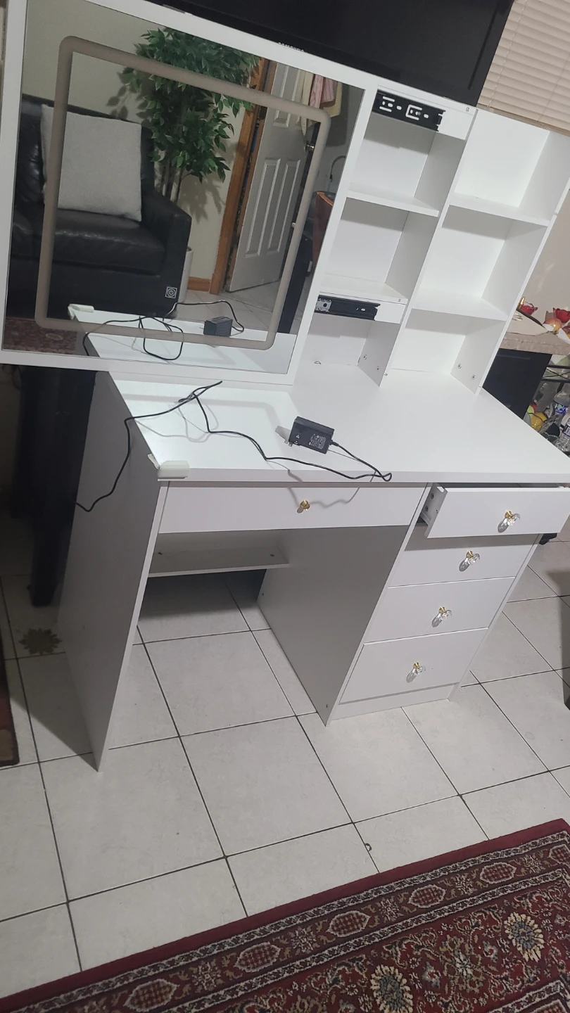 White Vanity Desk with Mirror and Shelves - photo 4