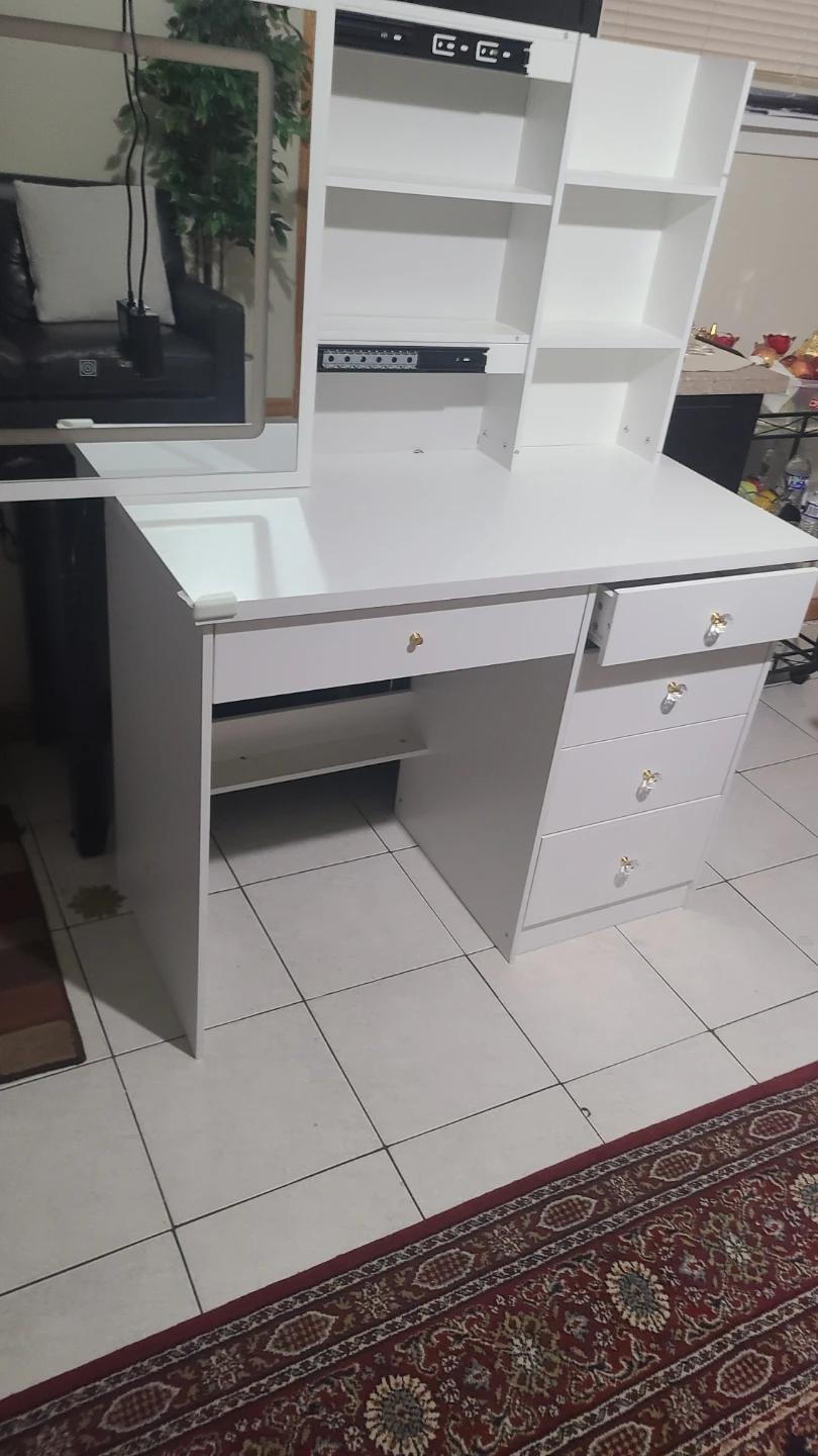 White Vanity Desk with Mirror and Shelves - photo 5