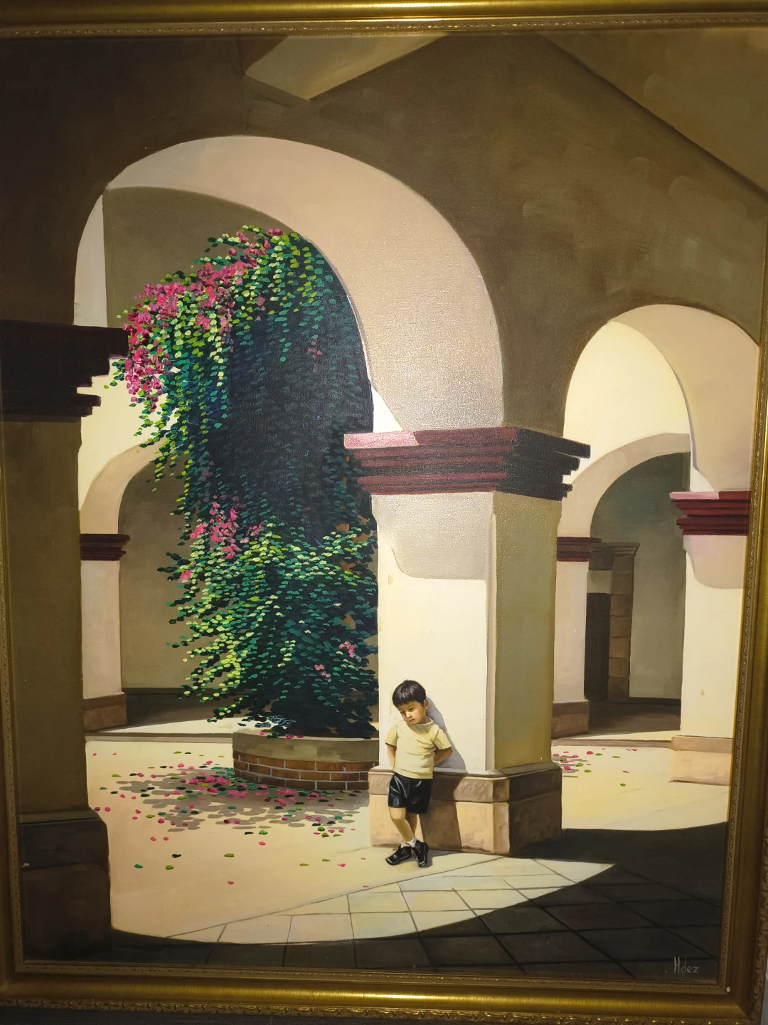 Oil Painting of a Boy in Courtyard