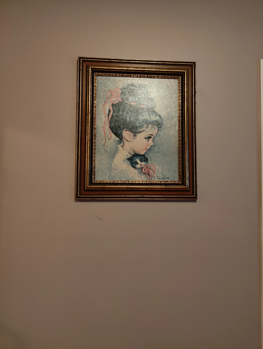Vintage Painting of Girl with Kitten