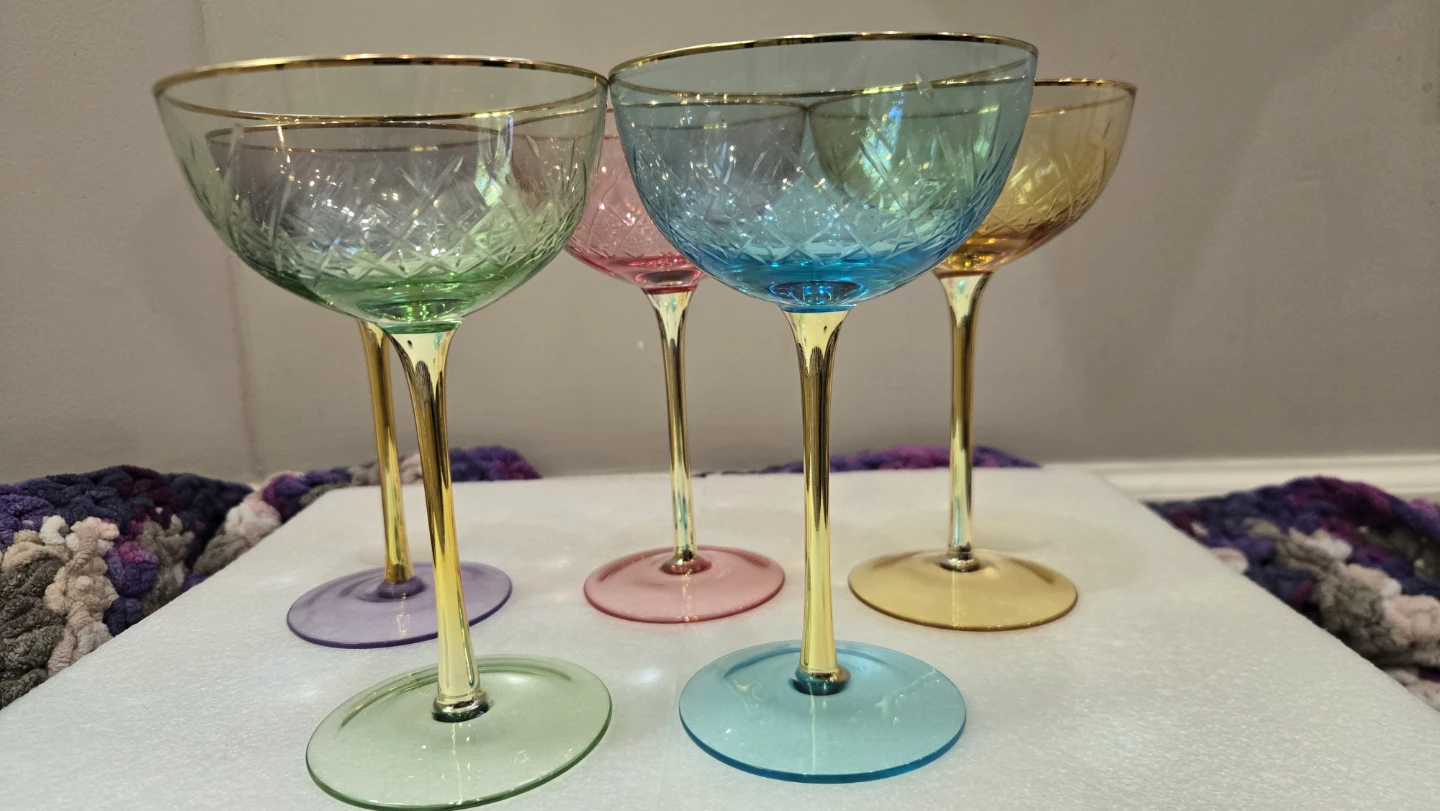 Set of 5 Assorted Color Coupe Glasses with Gold Trim