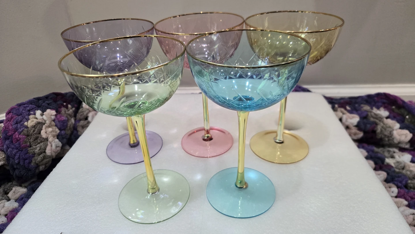 Set of 5 Assorted Color Coupe Glasses with Gold Trim - photo 2