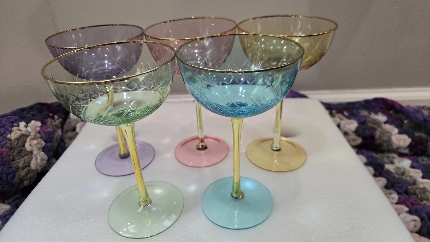 Set of 5 Assorted Color Coupe Glasses with Gold Trim - photo 3