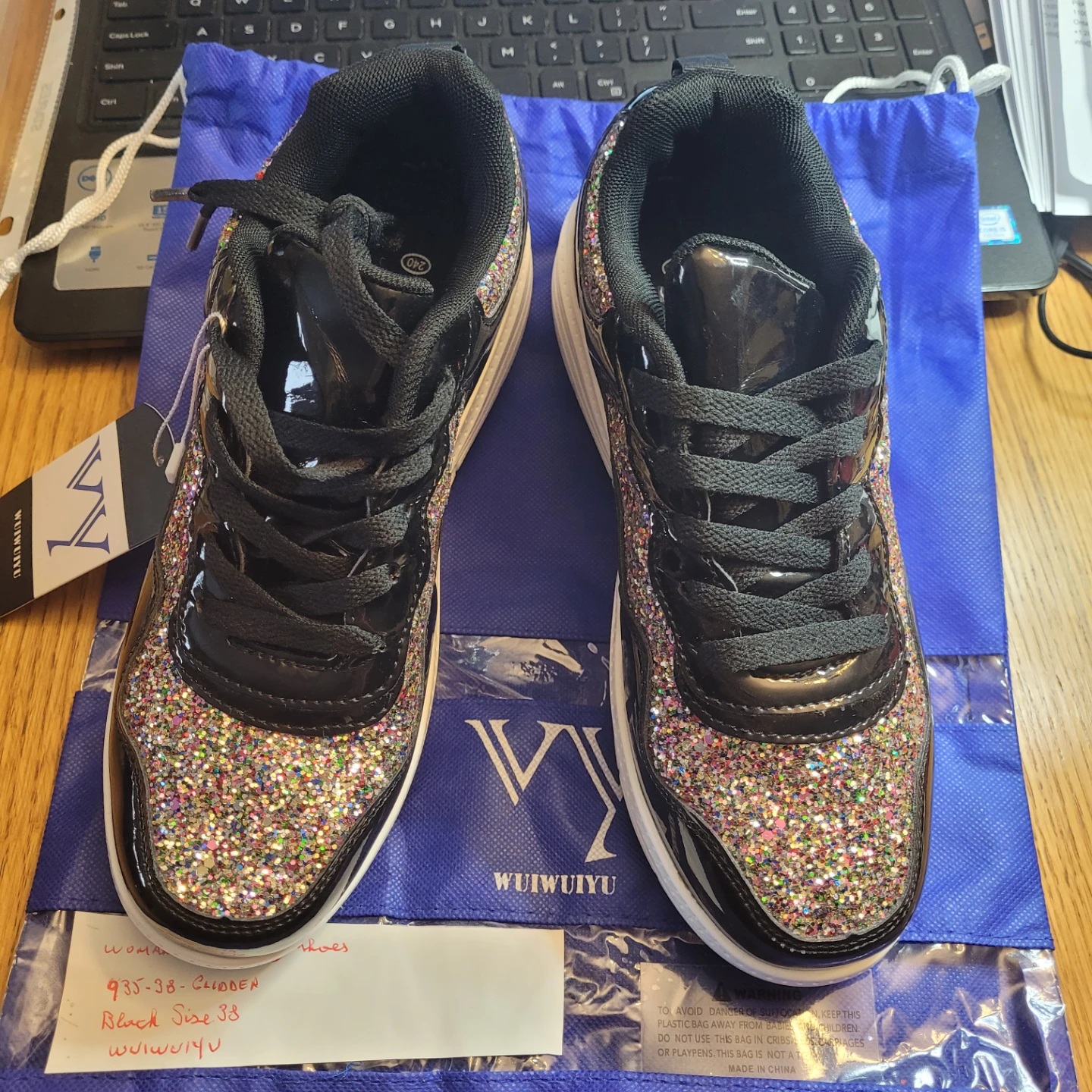 WUIWUIYU Women's Walking Shoes - Black Glitter Size 38