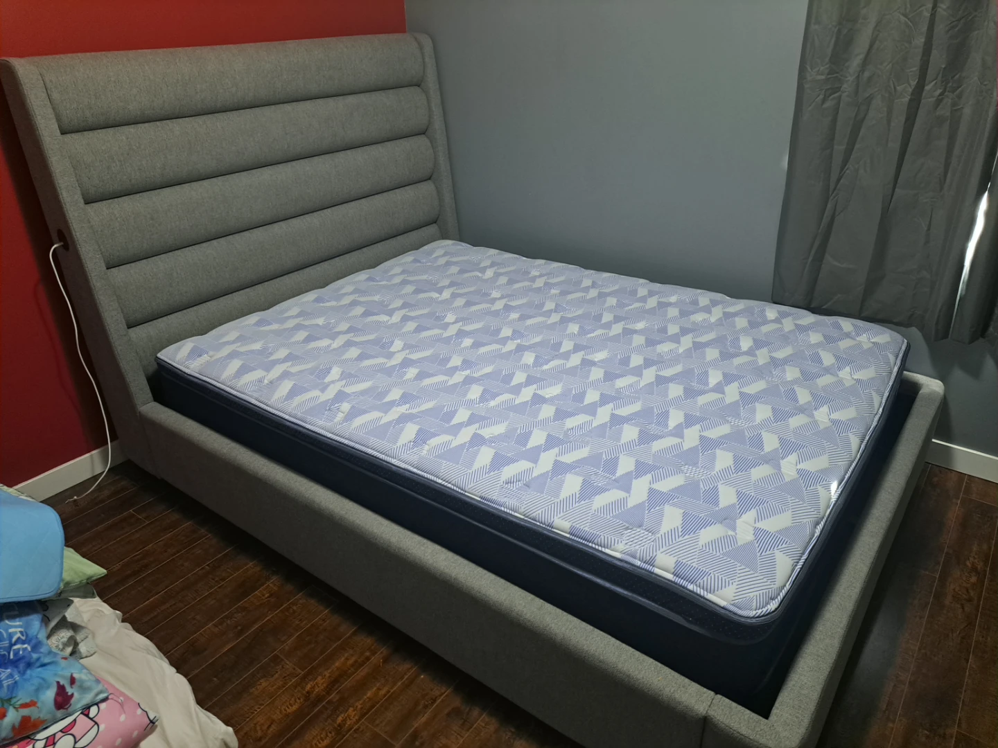 Grey Upholstered Modern Bed Frame and mattress with Headboard - photo 3