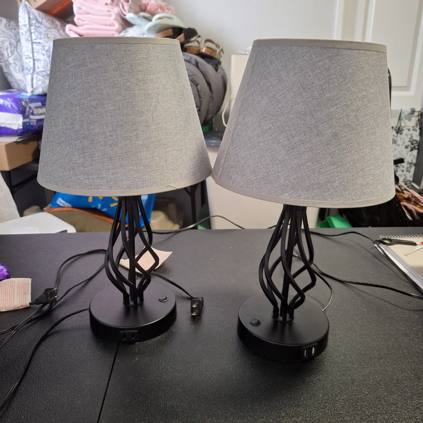 Pair of Black Table Lamps with USB Ports