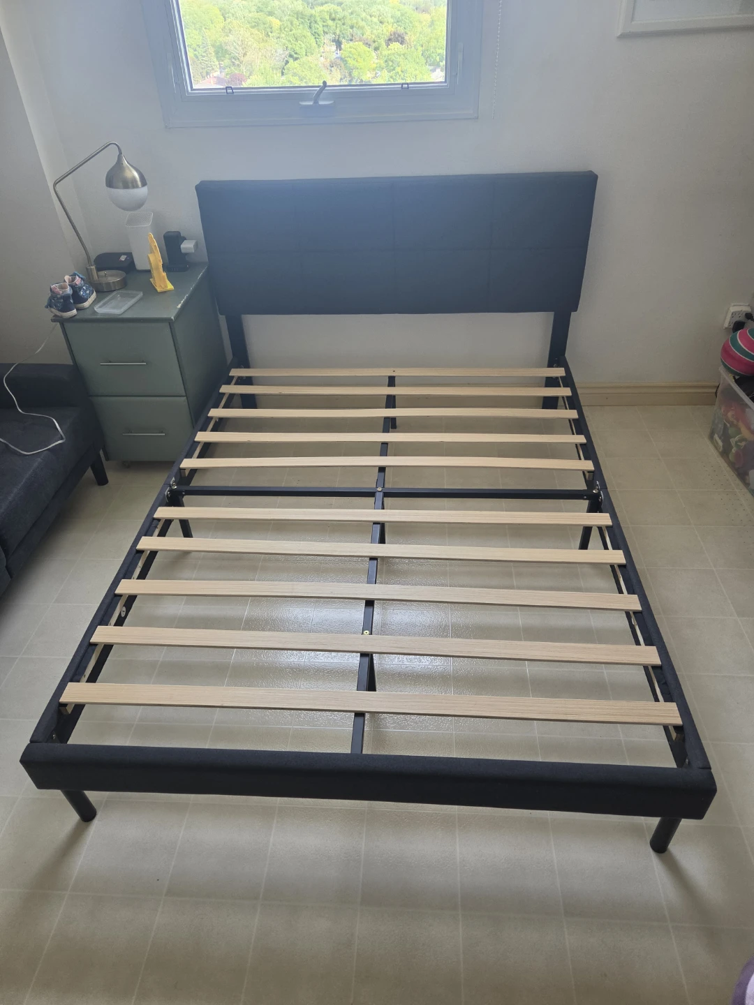 Gray Fabric Upholstered Headboard Bed Frame