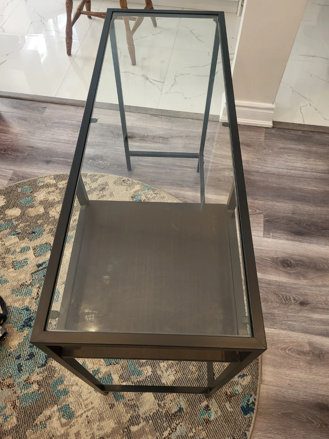 Ikea Glass Top Console Table with Black Metal Frame