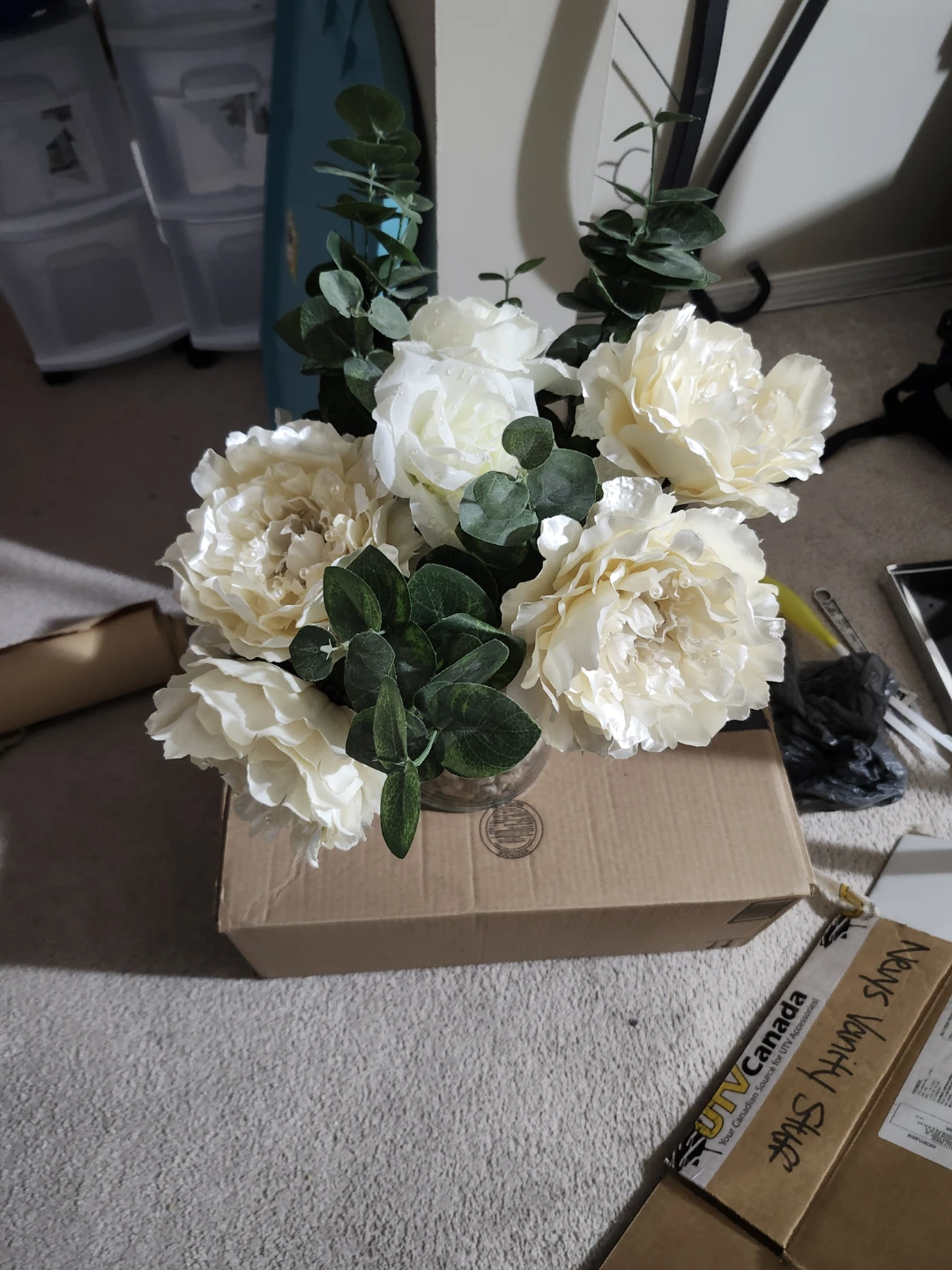 Artificial White Peony and Eucalyptus Flower Arrangement