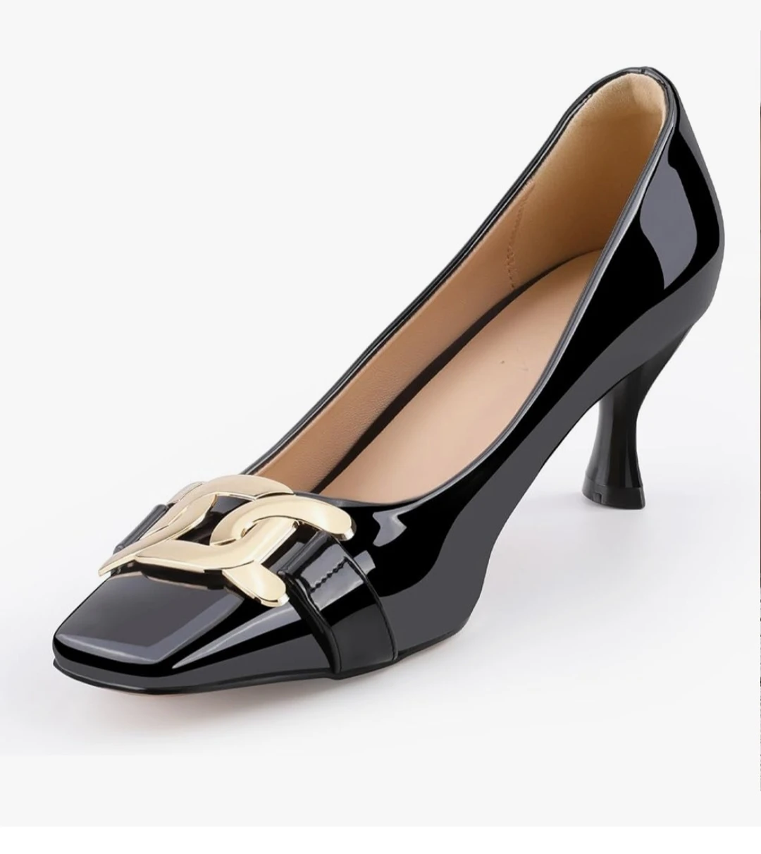 Black Patent Kitten Heels with Gold Buckle