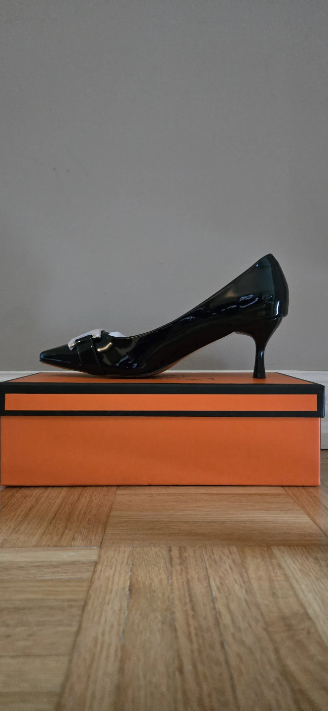 Black Patent Kitten Heels with Gold Buckle - photo 3