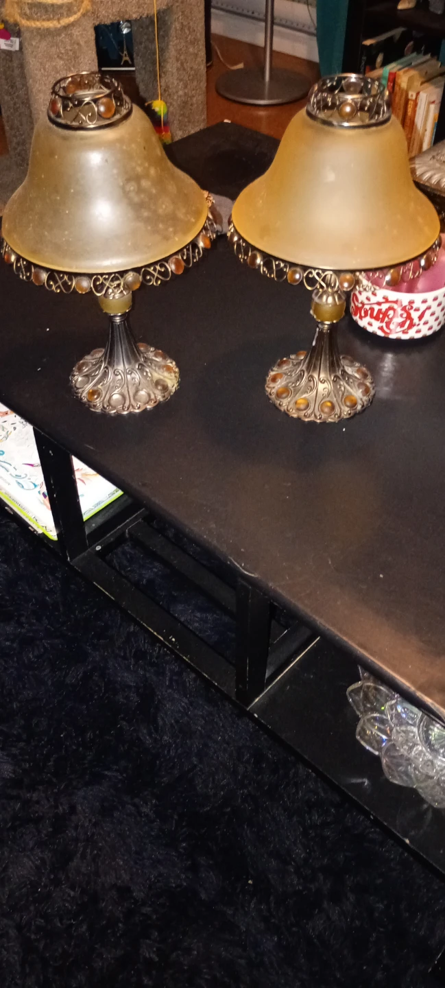 Set of 2 Amber Glass & Metal Accent Lamps