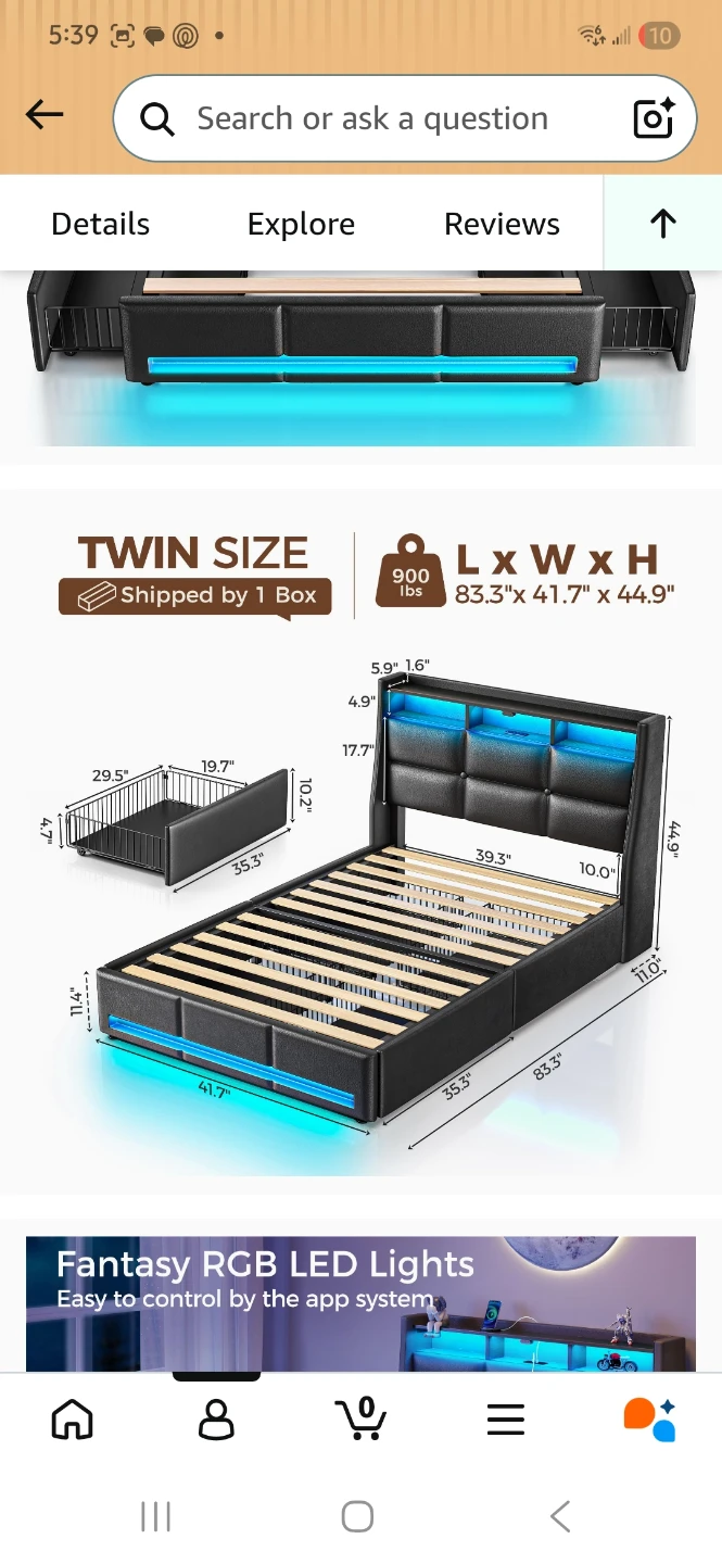 Twin Size Platform Bed Frame with LED Lights