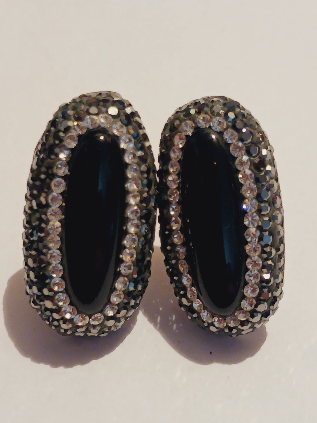 Sterling Silver 925 Sparkly Black Oval Clip-On Earrings