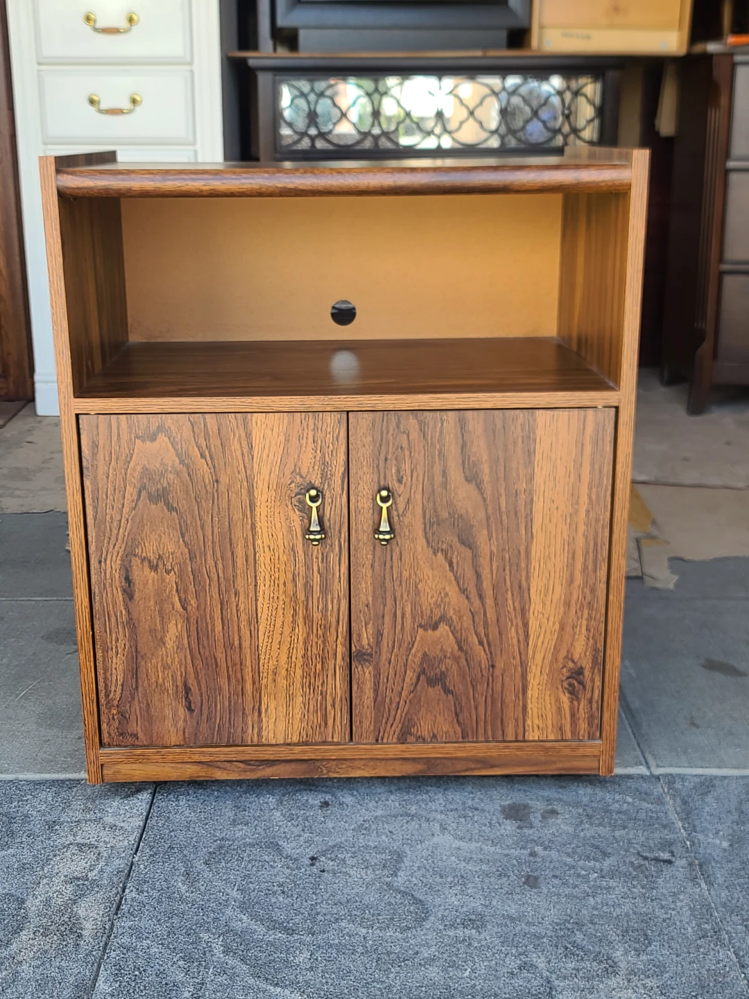 Wooden Side Table with Cabinet and Shelf