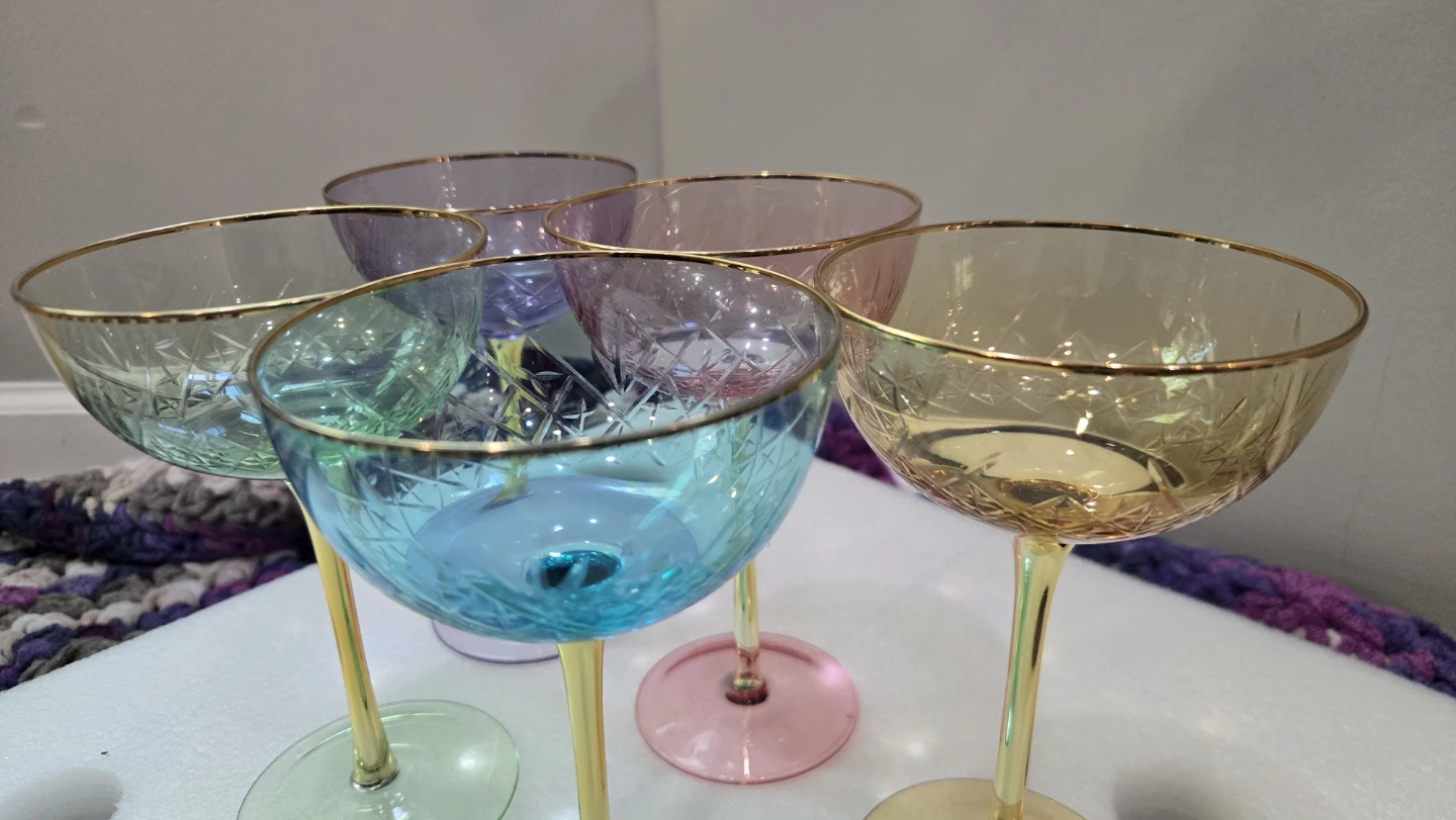 Set of 5 Assorted Color Coupe Glasses with Gold Trim - photo 5
