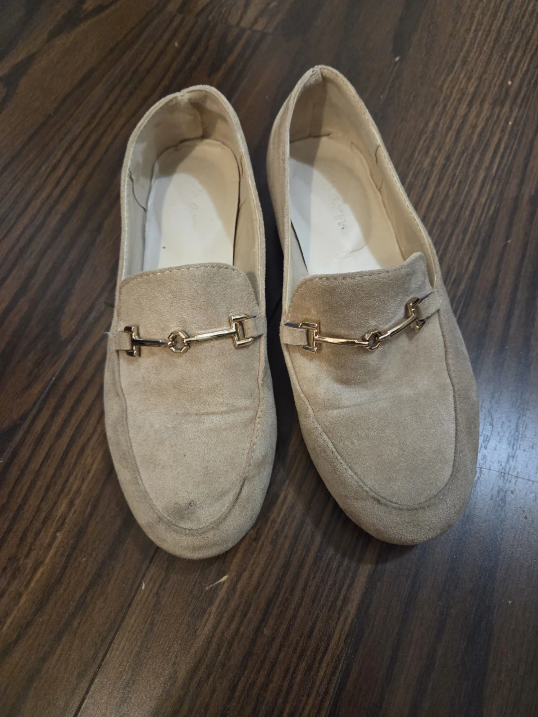 Tan Suede Loafers with Gold Buckle Detail