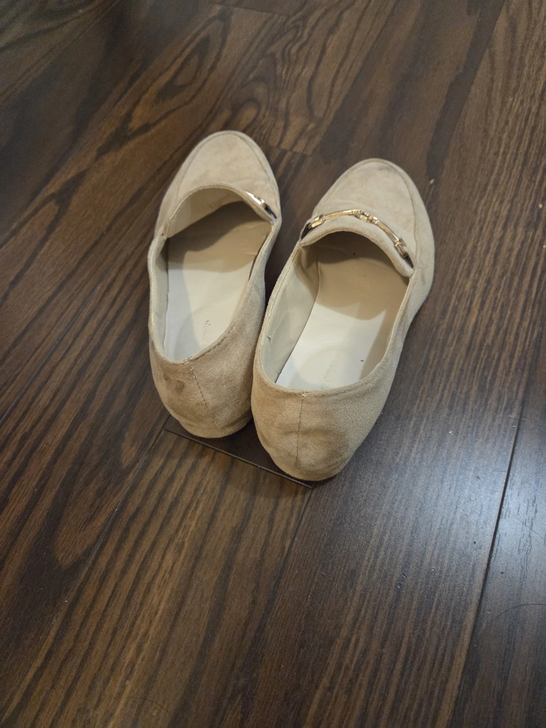 Tan Suede Loafers with Gold Buckle Detail - photo 2
