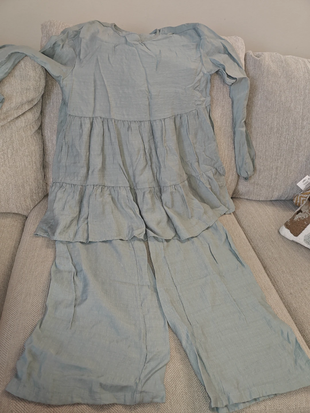 Light Blue Tiered Tunic Top and Wide Leg Pants Set