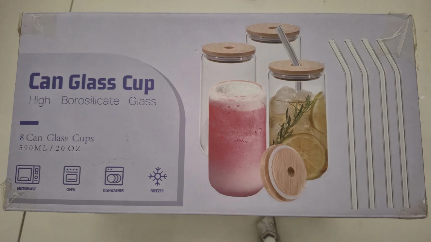 4 Can Glass Cups with Bamboo Lids 590ML/20 OZ