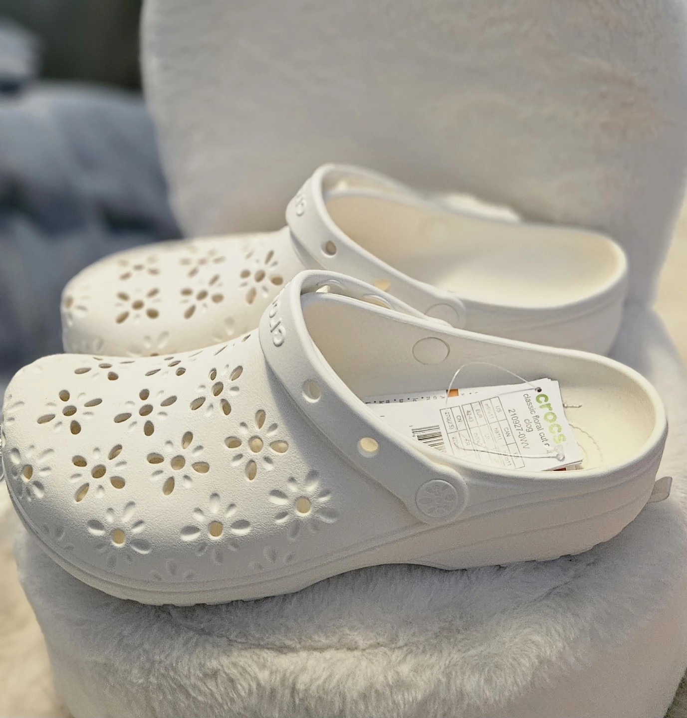 Unisex White Crocs Classic Floral Cut Out Clogs