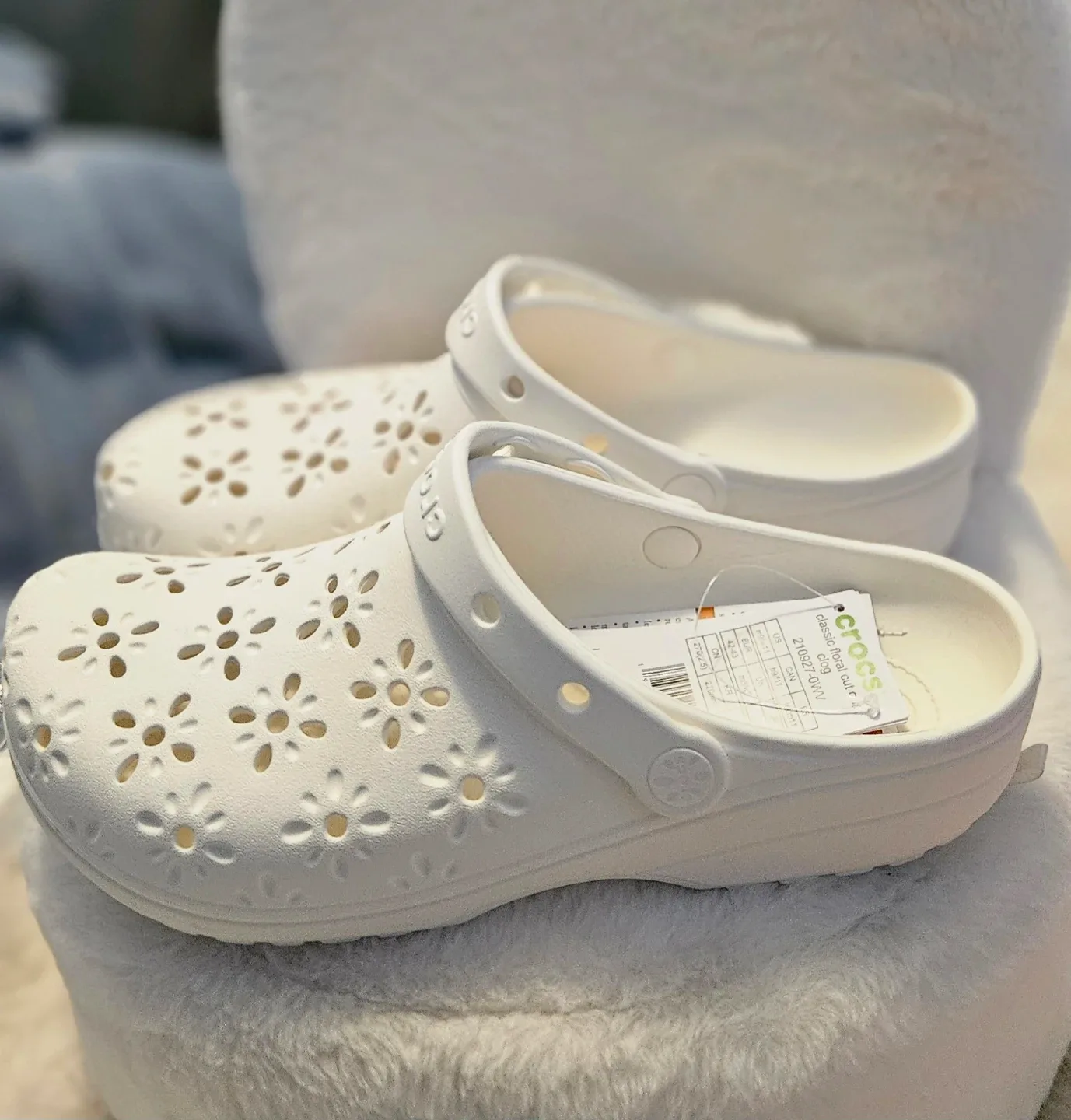 Unisex White Crocs Classic Floral Cut Out Clogs