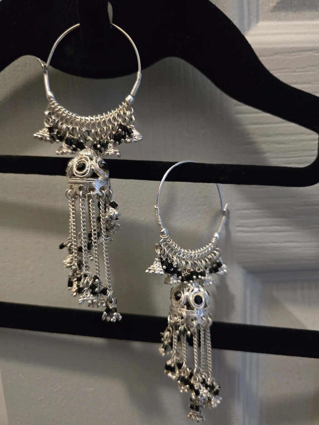 Oxidized Silver Jhumka Hoop Earrings with Black Beads