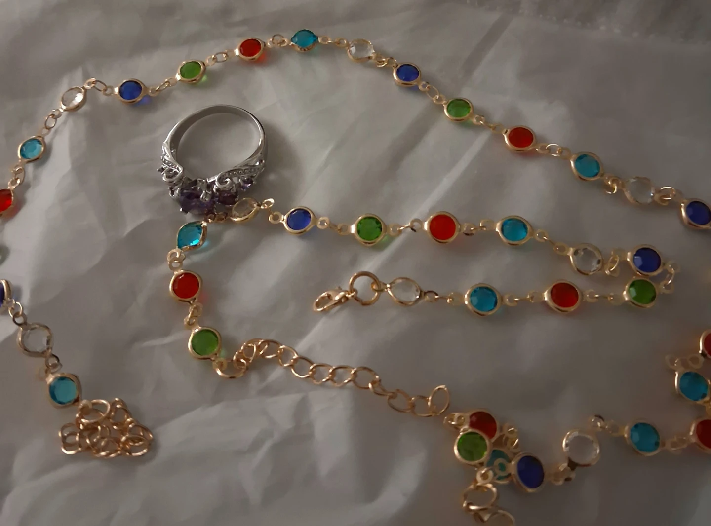 Silver Tone Ring with Purple Stone and Colourful Beaded Necklace