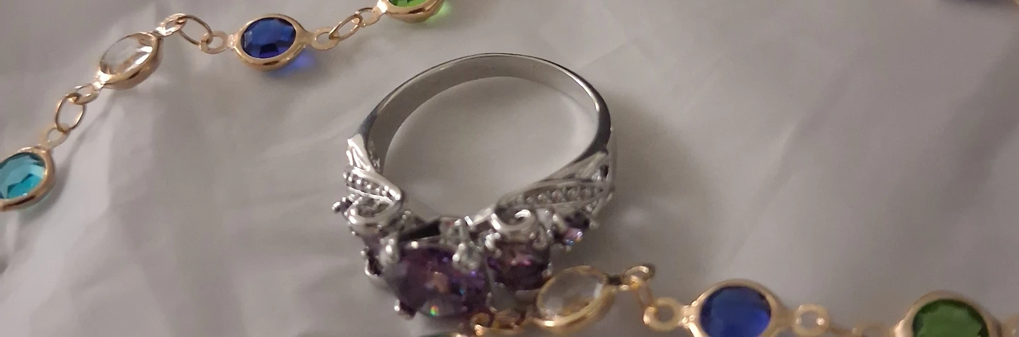 Silver Tone Ring with Purple Stone and Colourful Beaded Necklace - photo 2