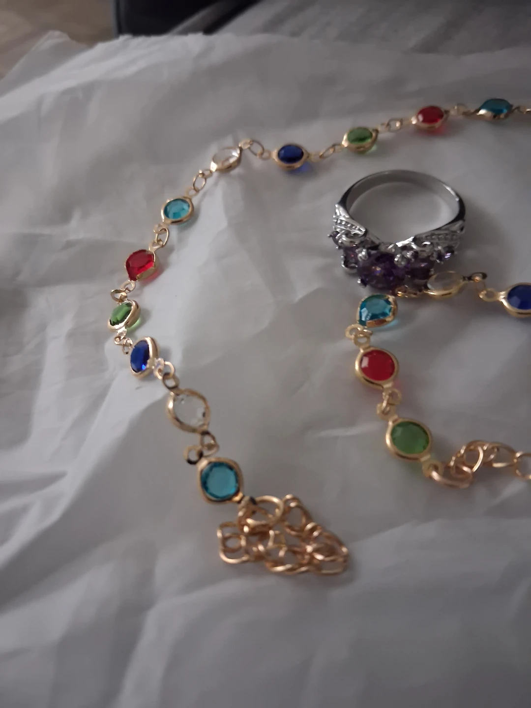 Silver Tone Ring with Purple Stone and Colourful Beaded Necklace - photo 4