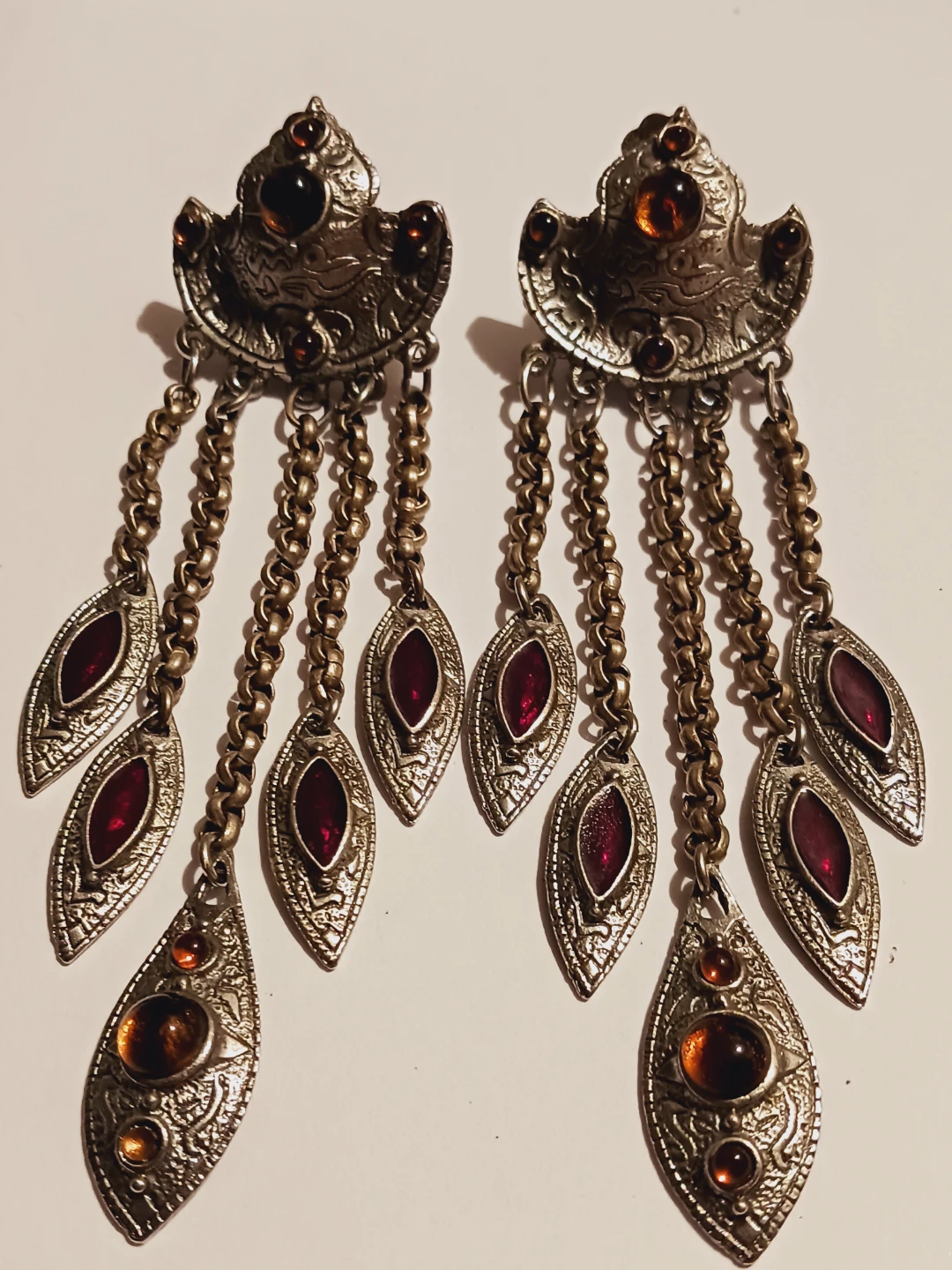 New !! Long Chandelier Earrings withGarnet & Amber Cabochons