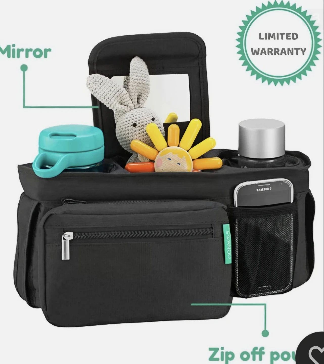 SWANOO Stroller Organizer with Insulated Cup Holders & Mirror