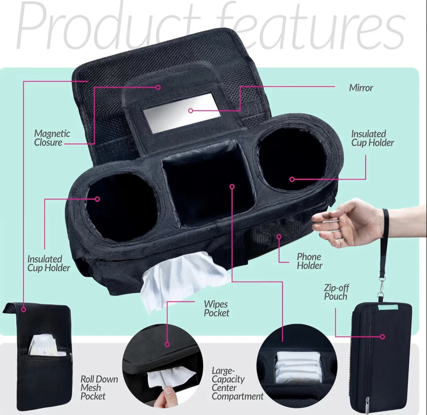 SWANOO Stroller Organizer with Insulated Cup Holders & Mirror - photo 3