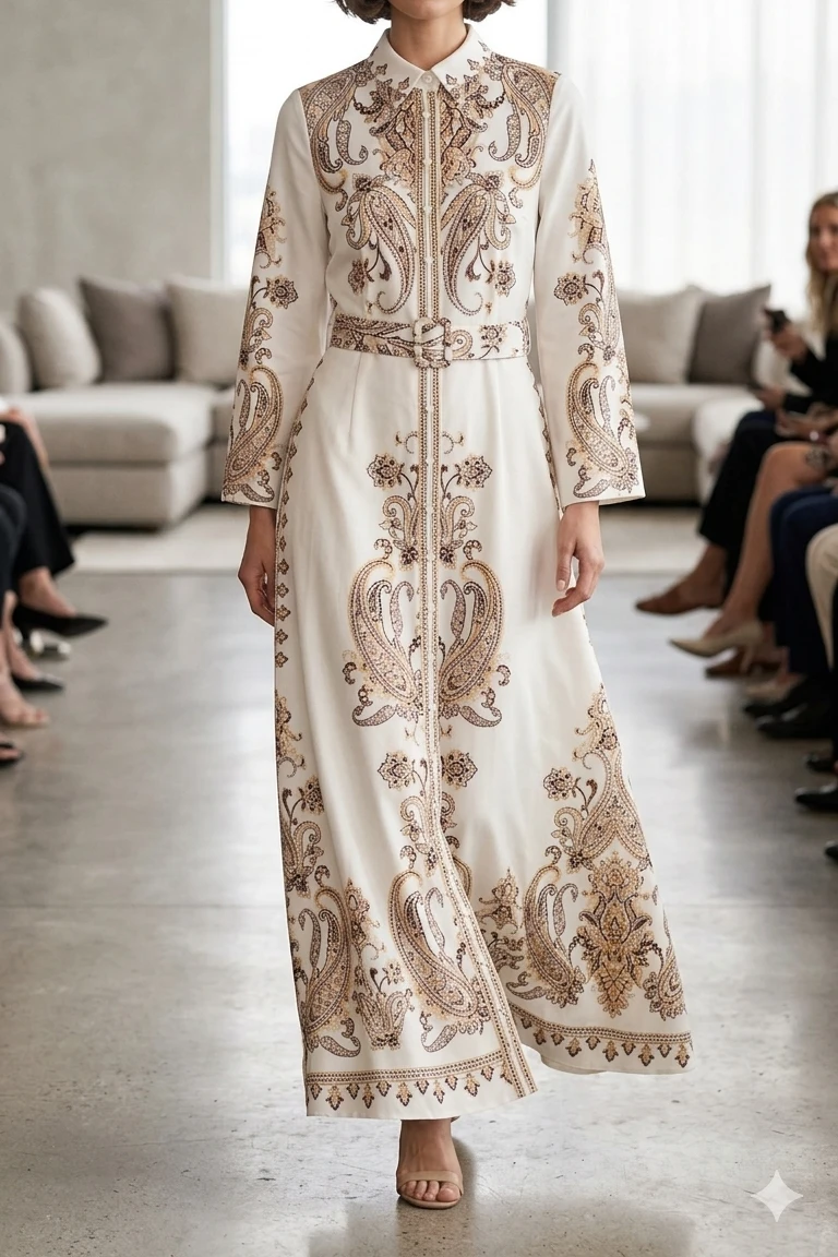White Paisley Print Maxi Dress with Belt