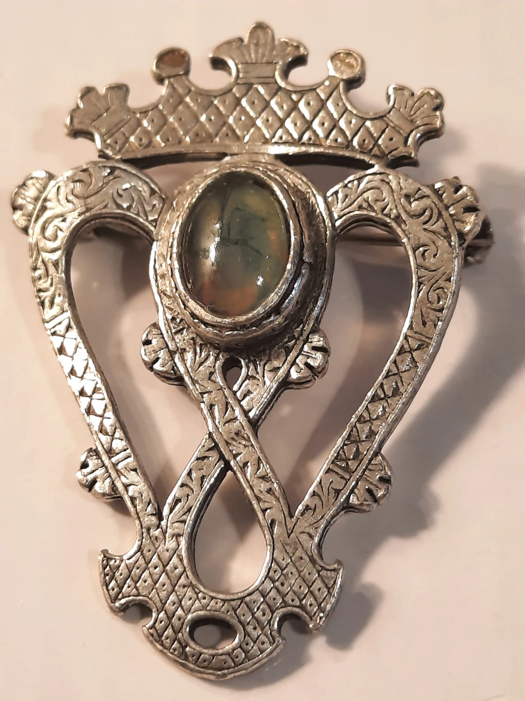 Silver Plate Brooch with Green Stone