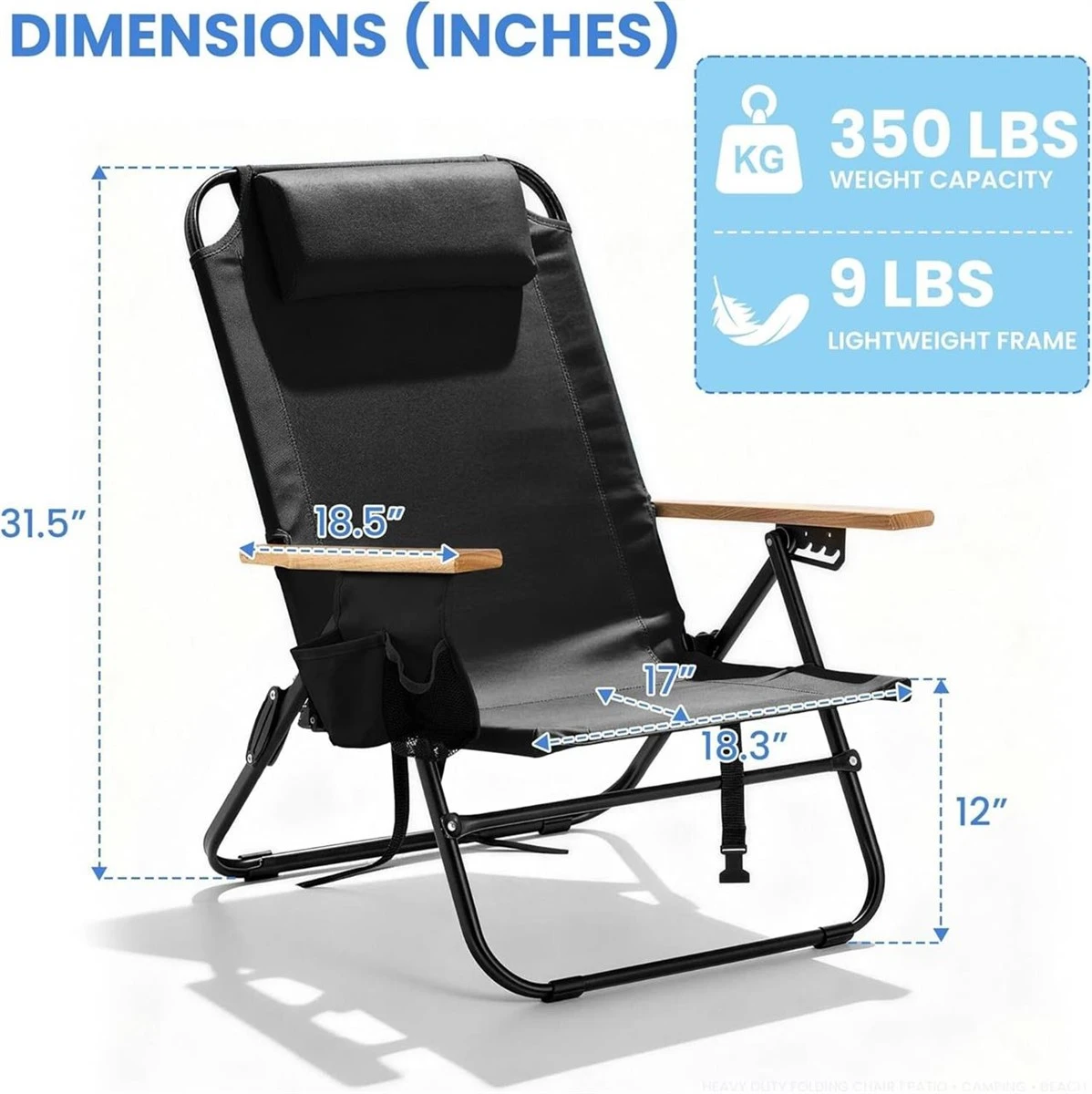 Black Folding Beach Chair with Headrest & Wood Armrests - photo 2