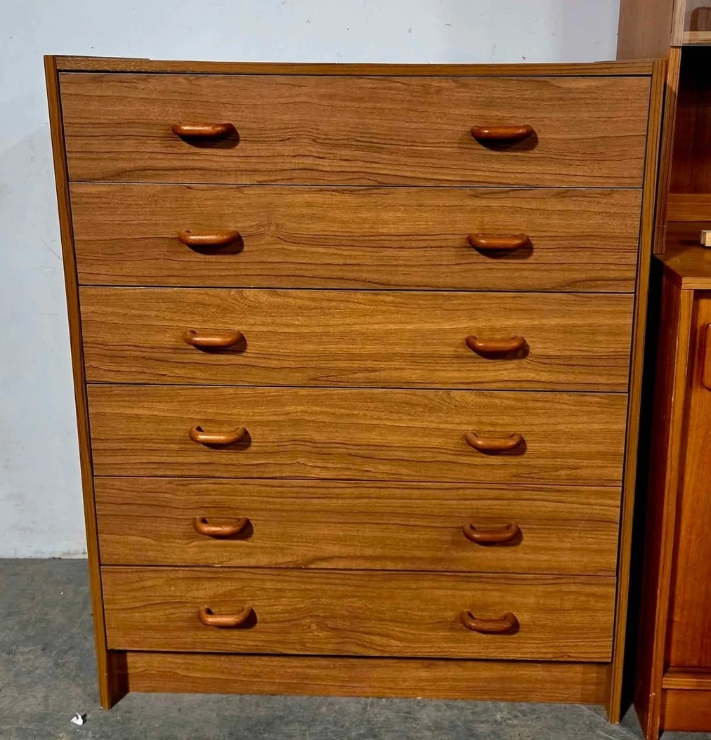 MCM Teak Tallboy Dresser With 6 Storage Drawers