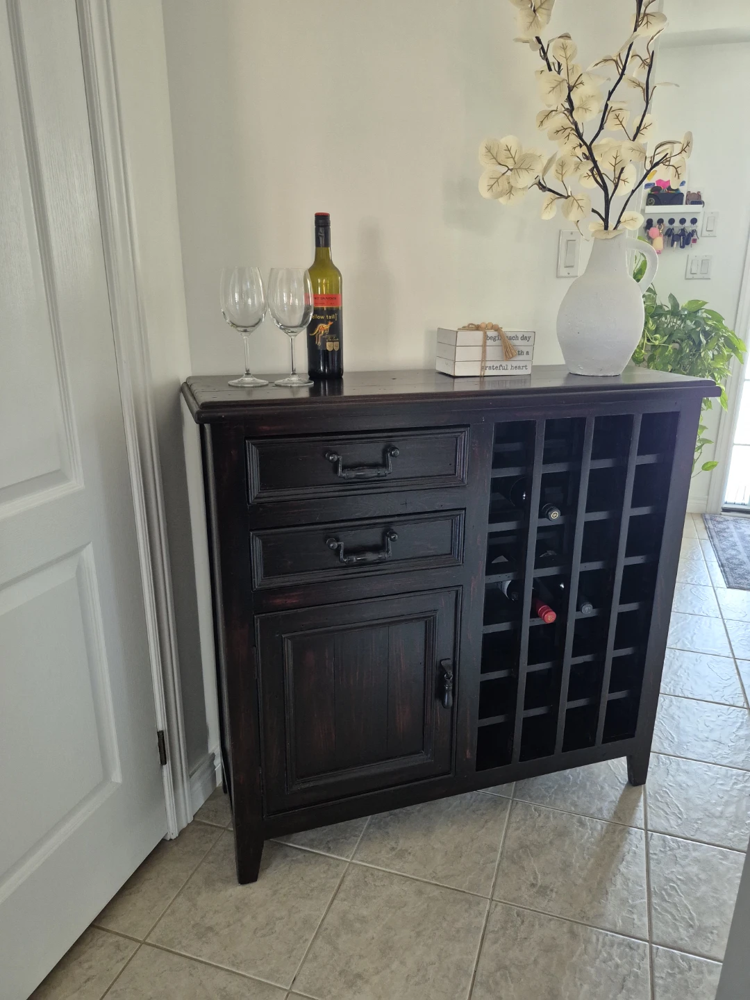 Dark Wood Wine Cabinet with Drawers and Racks