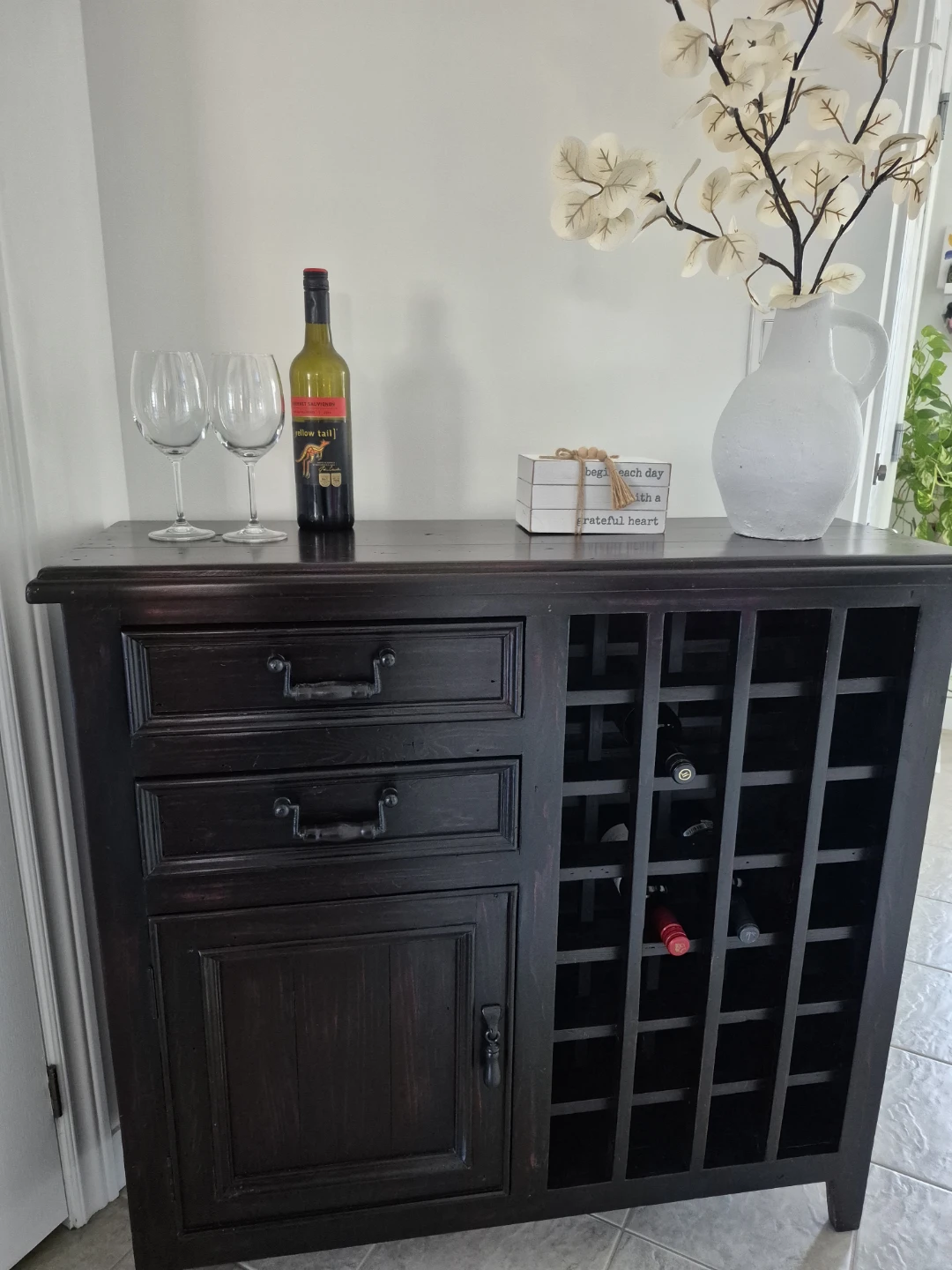 Dark Wood Wine Cabinet with Drawers and Racks - photo 2
