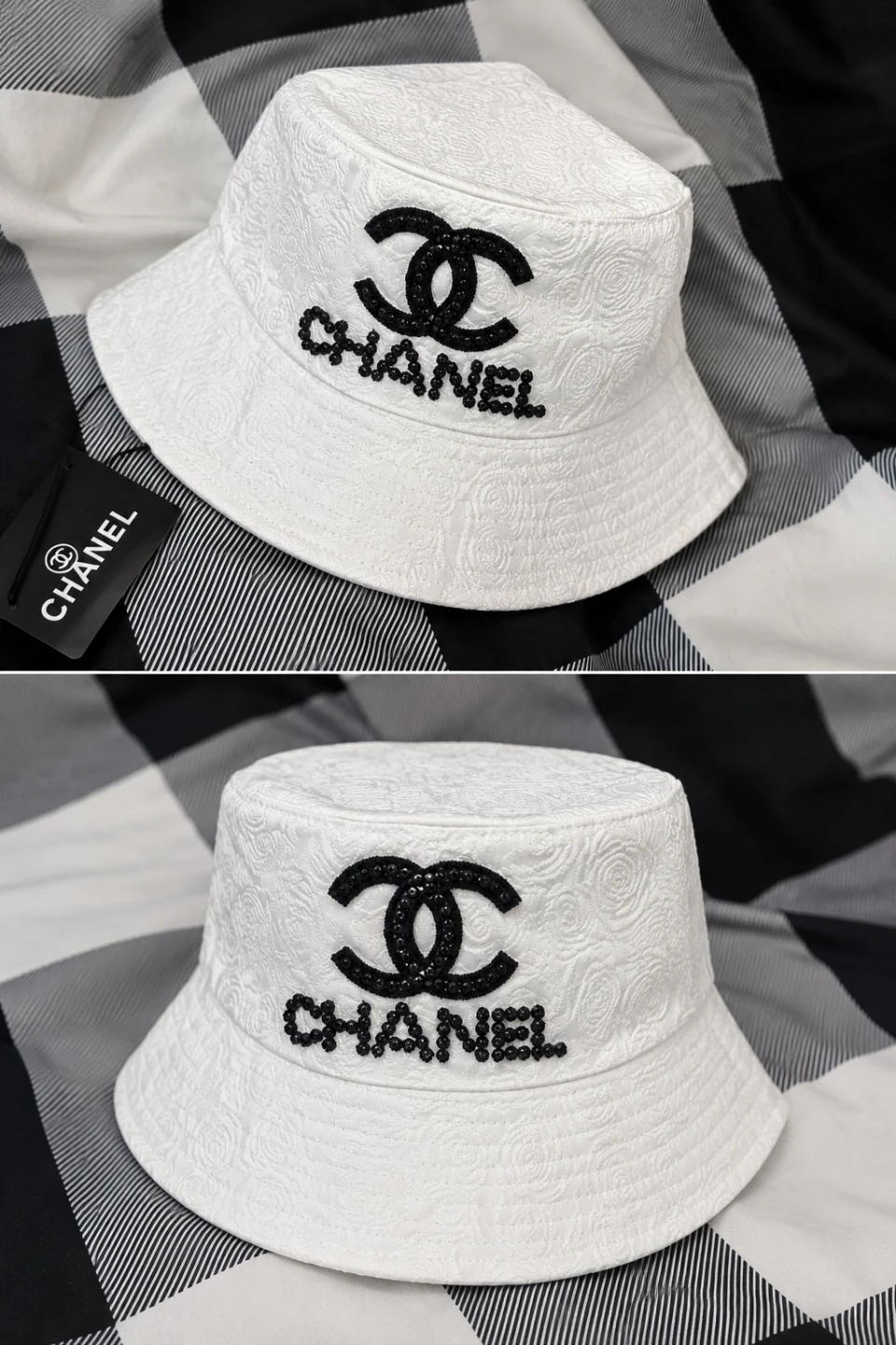 White Chanel Bucket Hat with Rhinestone Logo