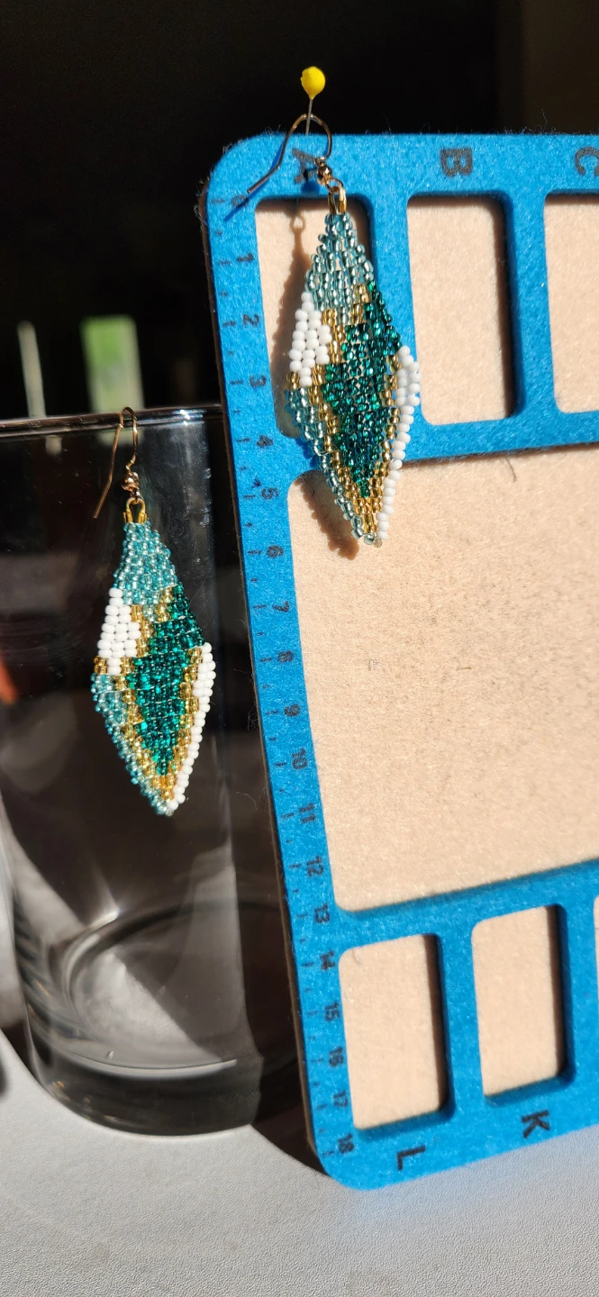 Handmade Beaded Diamond Earrings - Teal, White, Gold