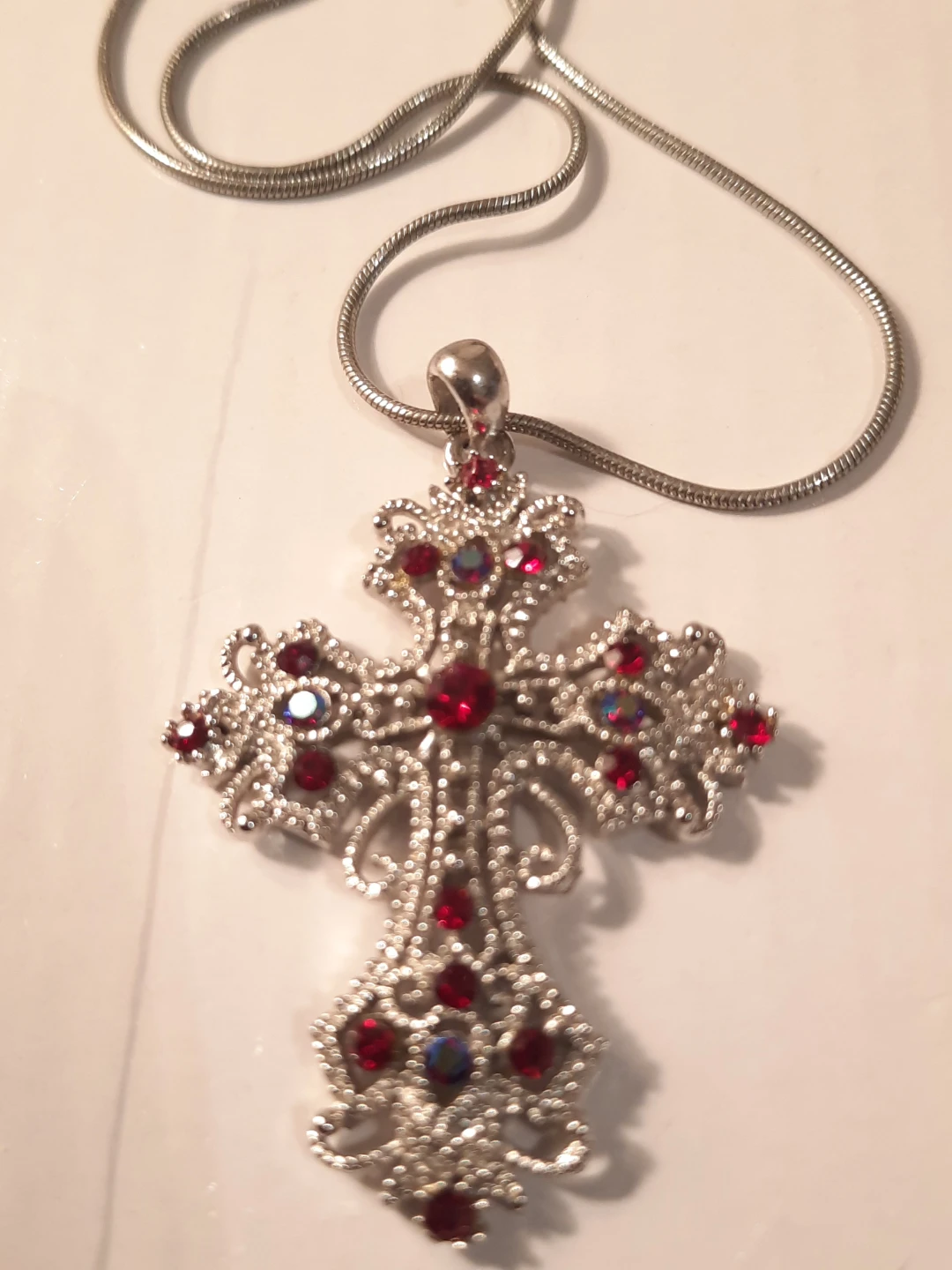 Silver Tone Cross Pendant Necklace with Red and AB Crystals