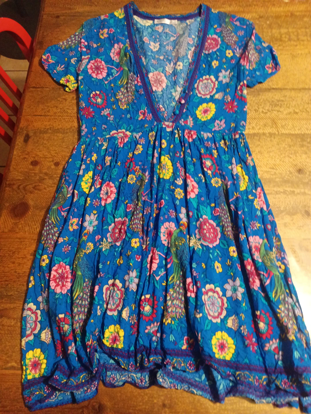 R. Vivimos Blue Floral Peacock Dress size S (US 4/6).