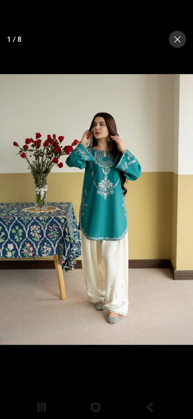 Teal Embroidered Tunic with Cream Pants